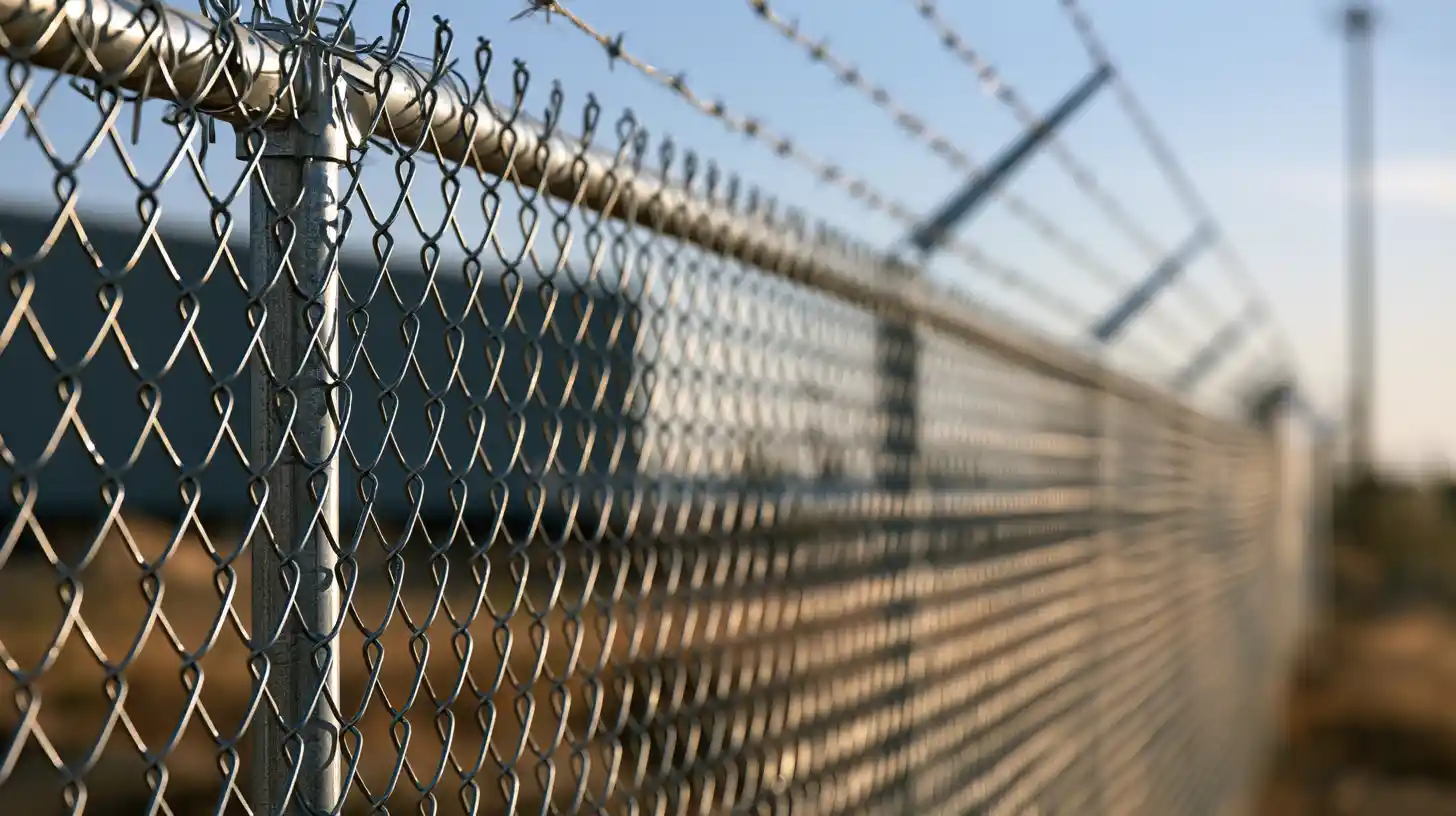 Close-up of professionally installed commercial chain-link fence with reinforced posts and secure wire top guard