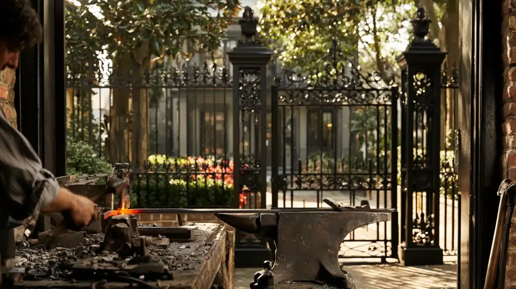 Rod iron and wrought iron fencing showing traditional iron craftsmanship and modern ornamental fencing