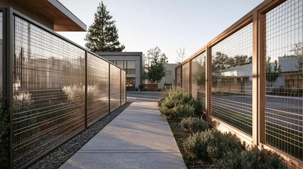 Welded wire and hog wire fencing compared on a modern property