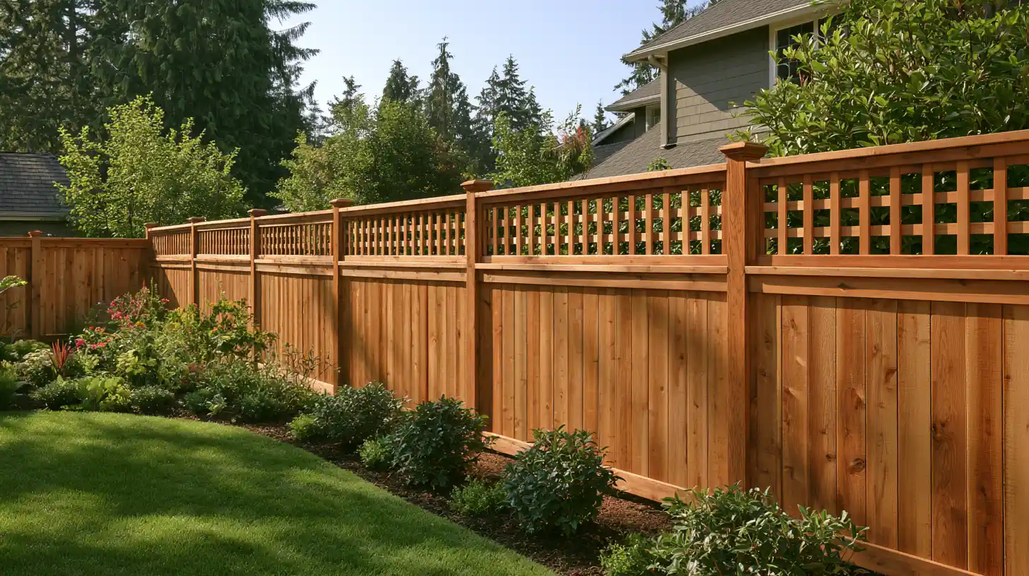 Cedar fence with an open crisscross lattice topper in a landscaped backyard.